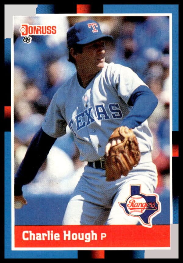 Rare 1988 Donruss Charlie Hough baseball card #99 showcasing pitcher in Texas Rangers uniform.