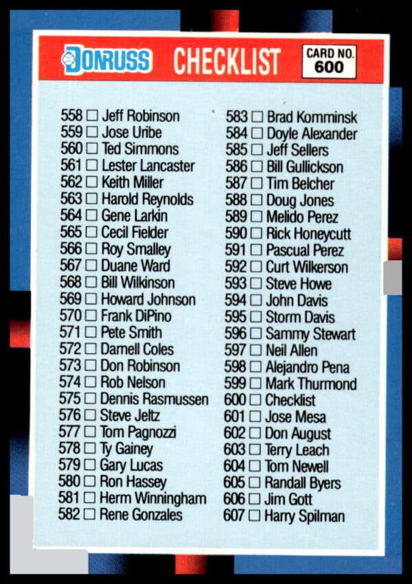 1988 Donruss Baseball Card Checklist for Collectors: Cards 28-137, Card #600.