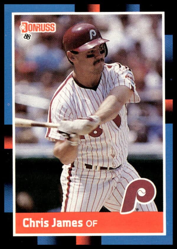 1988 Donruss Chris James #453 Baseball Card featuring Phillies uniform and bat.