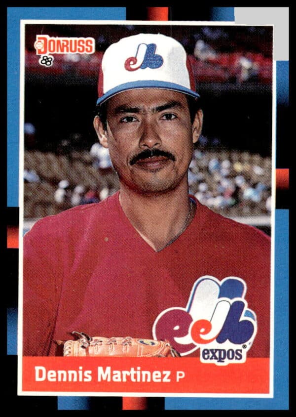 Close-up of Dennis Martinez pitching in Montreal Expos uniform on 1988 Donruss card #549.