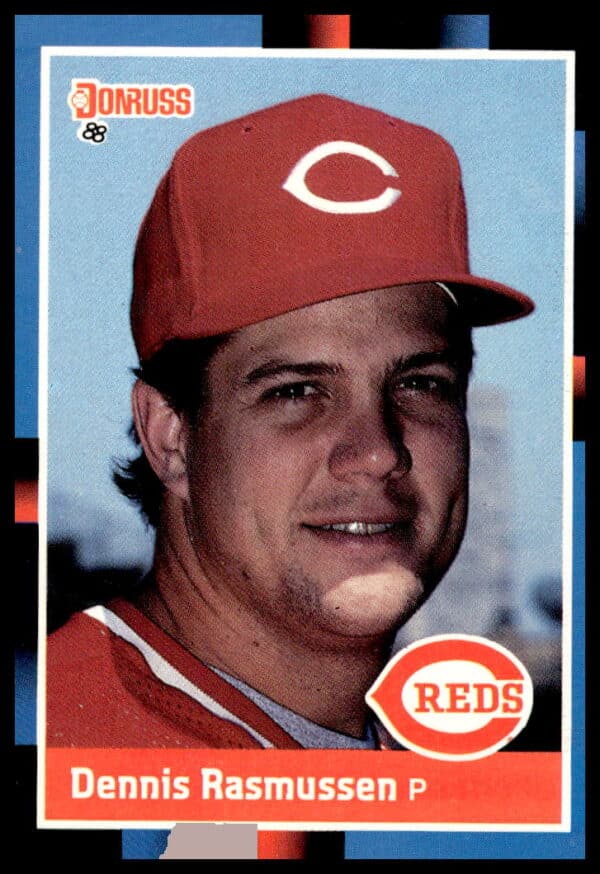 1988 Donruss Baseball Card Dennis Rasmussen #575, New York Yankees pitcher, iconic action pose.