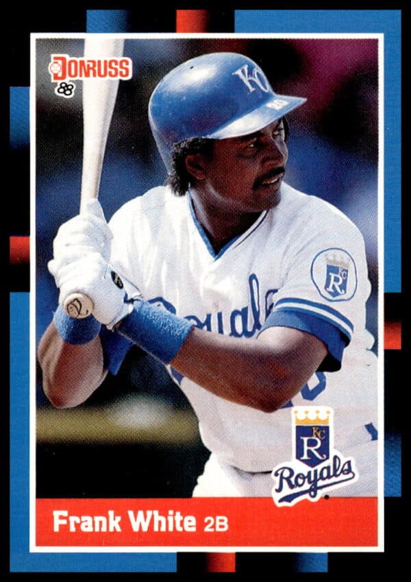 1988 Donruss Baseball Card #225: Frank White, Kansas City Royals, Action Shot, Front View