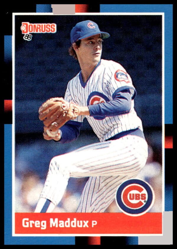 1988 Donruss Greg Maddux #539, Chicago Cubs, mid-pitch stance, iconic Hall of Fame pitcher.