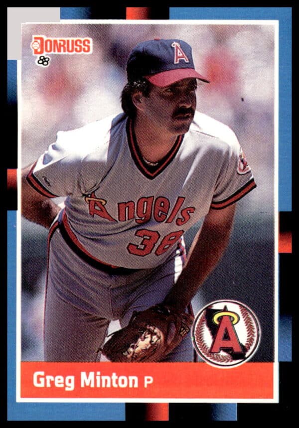 1988 Donruss Greg Minton #505, showcasing pitcher in action with California Angels uniform.
