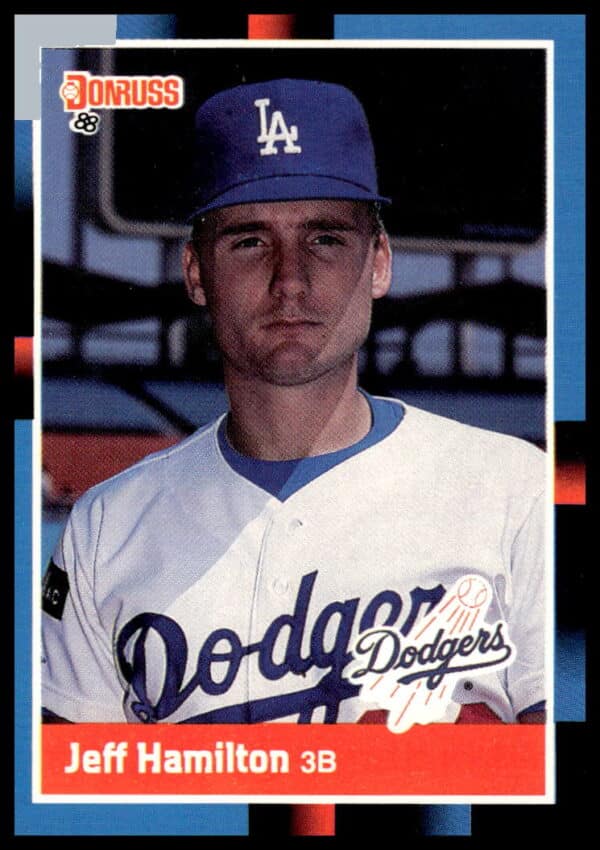 1988 Donruss Jeff Hamilton #525, Dodgers third baseman, action shot, baseball card front.