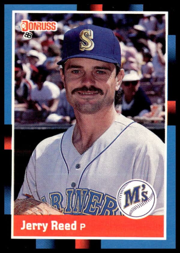 1988 Donruss Jerry Reed baseball card #517, Seattle Mariners pitcher, mid-pitch action shot.