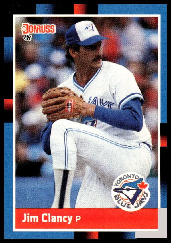 1988 Donruss Jim Clancy Baseball Card #74, Toronto Blue Jays Pitcher, Mid-Pitch Portrait.