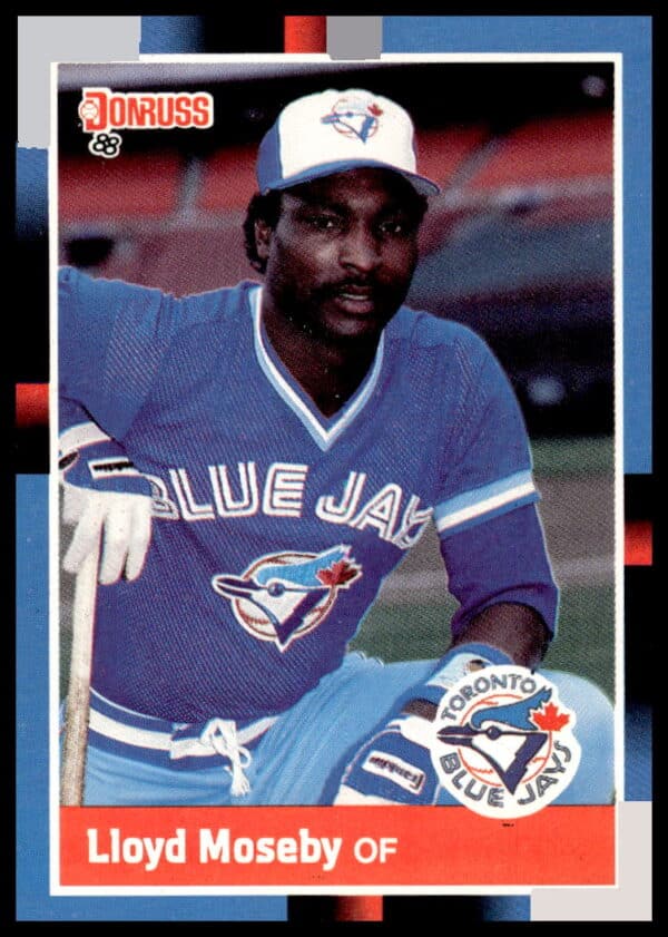 1988 Donruss Lloyd Moseby baseball card #367, Toronto Blue Jays, dynamic batting pose.