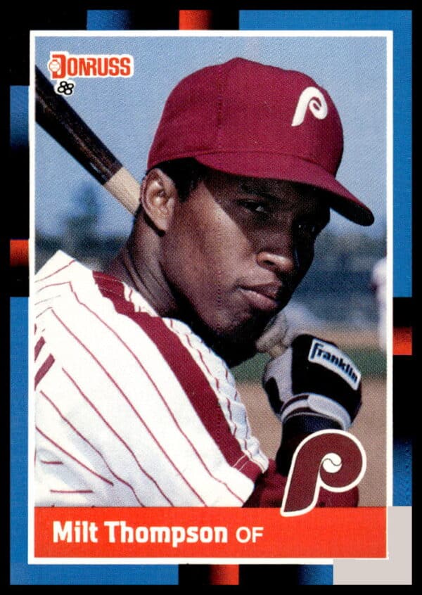 1988 Donruss Milt Thompson Phillies baseball card #236, action pose.