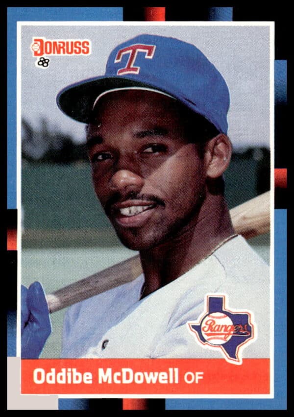 Oddibe McDowell 1988 Donruss baseball card with Texas Rangers uniform, card #382.
