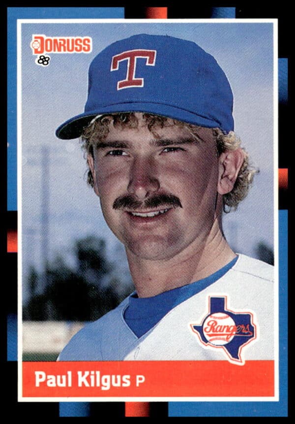 Paul Kilgus 1988 Donruss #469 Baseball Card, Texas Rangers Pitching Pose.