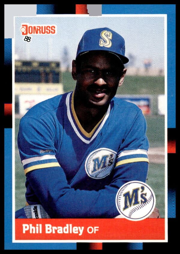 1988 Donruss Phil Bradley #243 baseball card in Mariners gear, vibrant colors, iconic design.