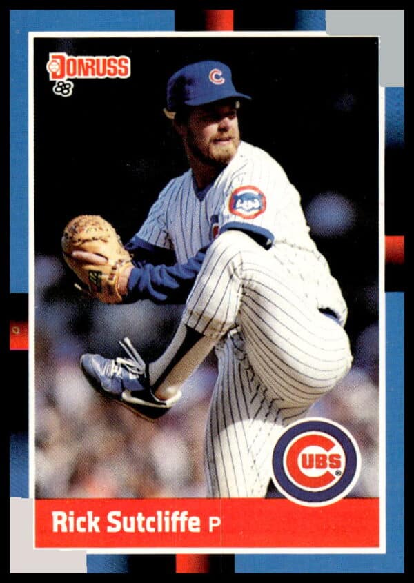 1988 Donruss Rick Sutcliffe #68, Chicago Cubs pitching pose, vivid colors.