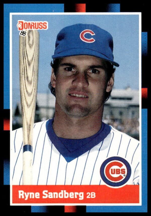 Ryne Sandberg 1988 Donruss card #242, Chicago Cubs, poised with a bat (front view).
