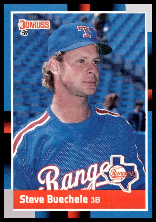 1988 Donruss #224: Steve Buecheles iconic Texas Rangers baseball card, showcasing mid-action third baseman.