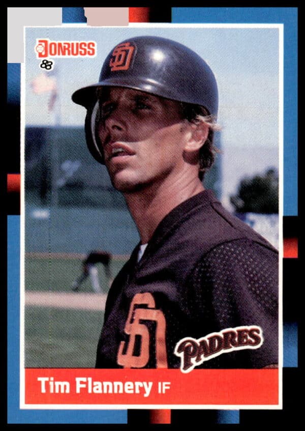 1988 Donruss Tim Flannery baseball card #328 features Padres second baseman in action.