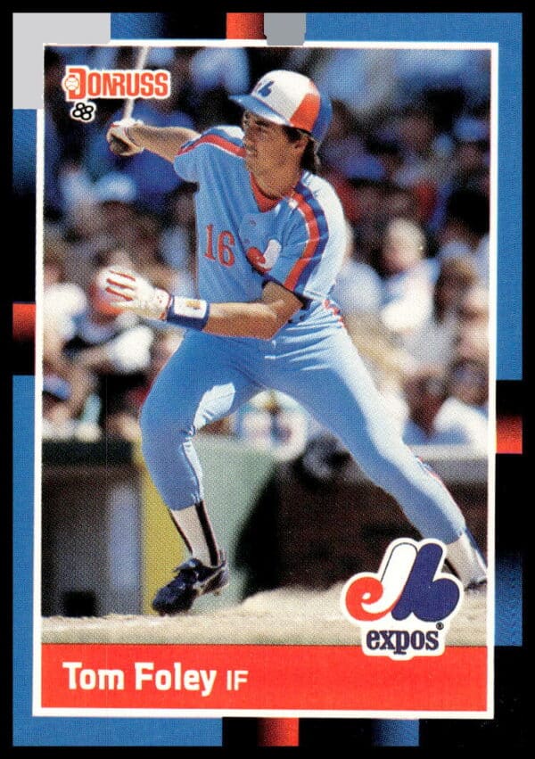 1988 Donruss Tom Foley #143 baseball card, Montreal Expos, action shot with full-color image.