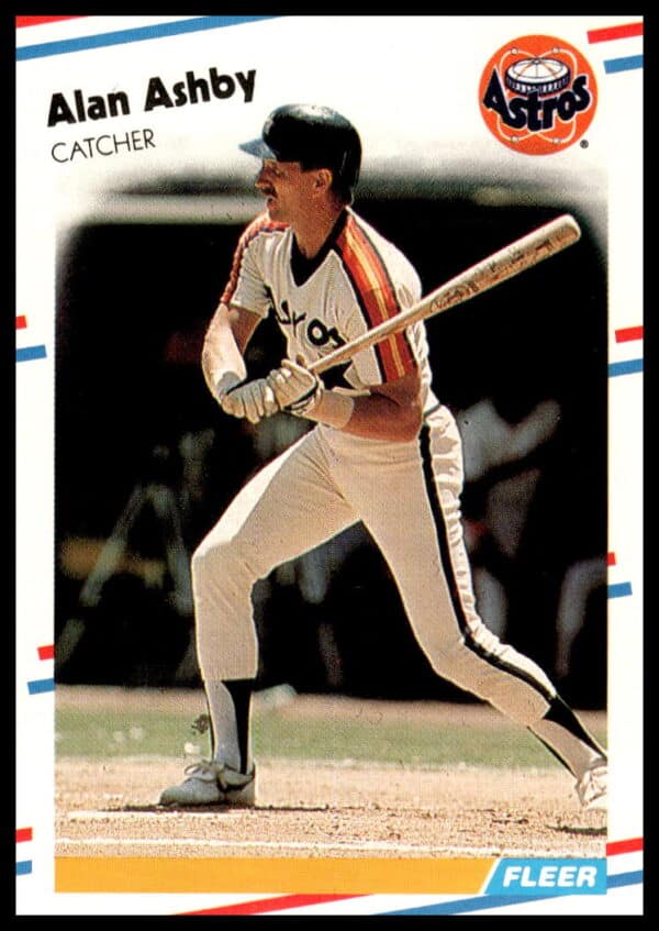 Alan Ashby 1988 Fleer baseball card showing Astros catcher ready on field.