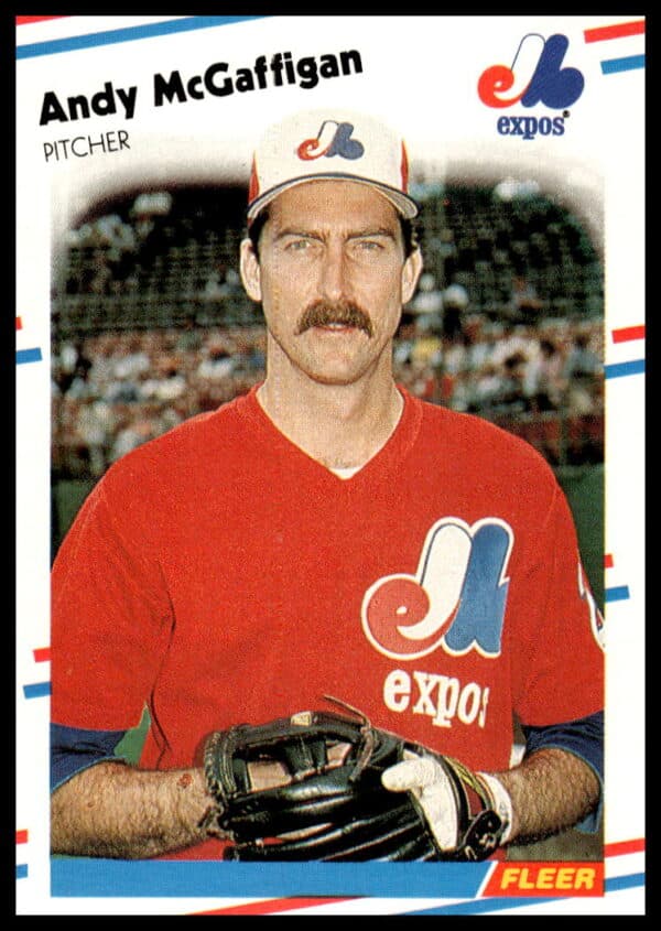 Andy McGaffigan in action, 1988 Fleer baseball card #190, Montreal Expos pitcher.