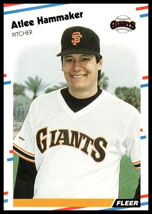 Atlee Hammaker 1988 Fleer Baseball Card #83 showcasing pitcher mid-pitch in team uniform.