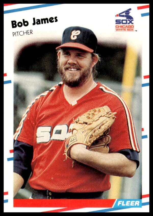 Bob James 1988 Fleer card #401 in White Sox uniform, mid-action pitching.