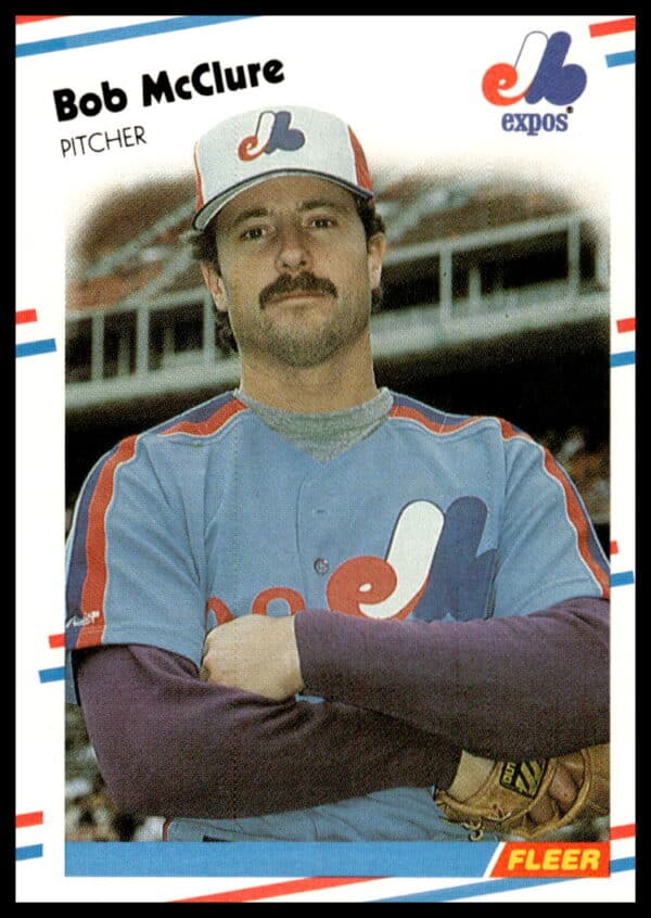 1988 Fleer Bob McClure baseball card, pitcher, number 189, action pose, vintage design.