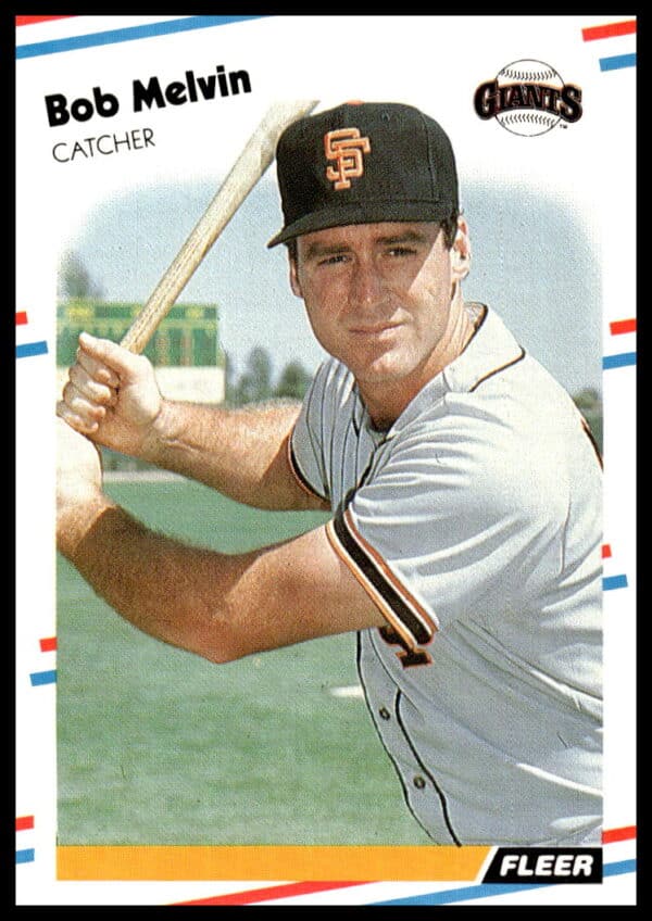 Front of 1988 Fleer Bob Melvin baseball card, featuring player in vintage pose.