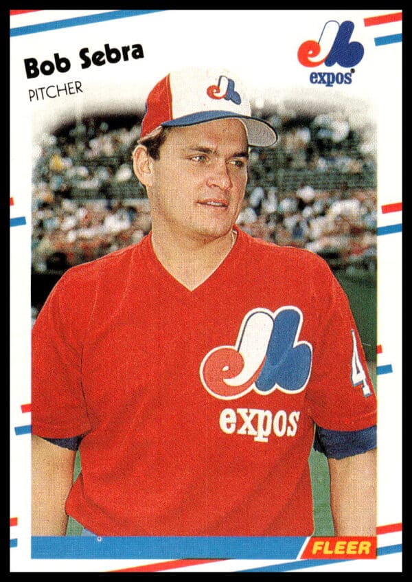 Bob Sebra 1988 Fleer Baseball Card #195, Montreal Expos Pitcher, Front View.