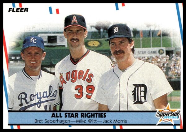1988 Fleer card featuring pitchers Saberhagen, Witt, Morris in action, card #626.