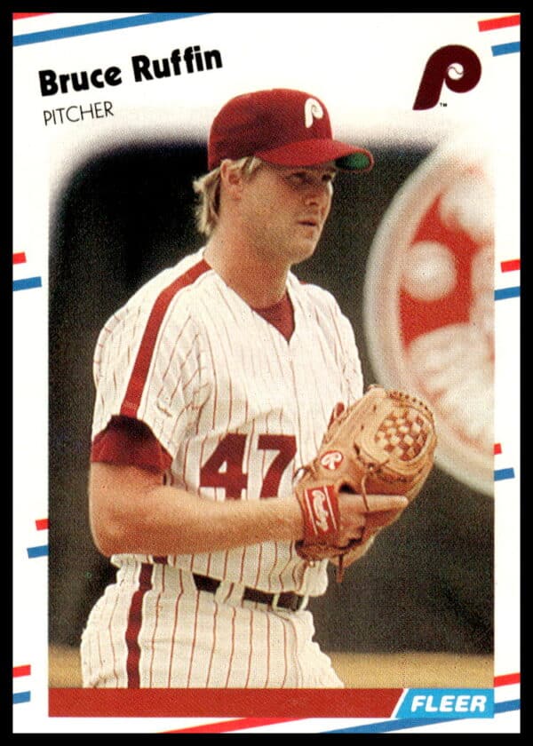 1988 Fleer Bruce Ruffin Phillies baseball card #313 front view, featuring action pitching pose.