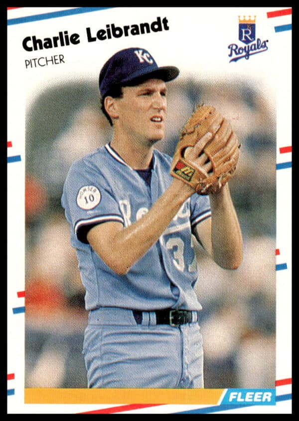 1988 Fleer Charlie Leibrandt baseball card, Kansas City Royals pitcher, #263, action shot.
