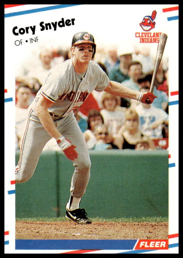 Cory Snyder 1988 Fleer Baseball Card #615 in Cleveland Indians uniform, mid-swing action.