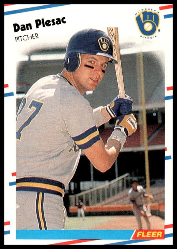 Dan Plesac 1988 Fleer card, Milwaukee Brewers pitcher in classic uniform.