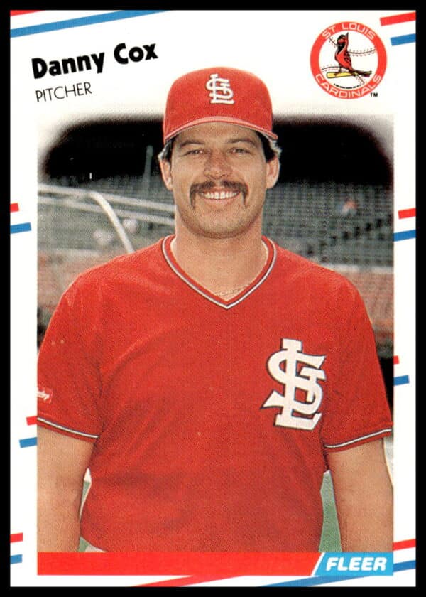1988 Fleer Baseball Card: St. Louis Cardinals Danny Cox mid-action, card #28 front view.