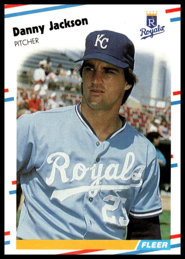 Front view of 1988 Fleer Baseball Card featuring Danny Jackson, Kansas City Royals pitcher.