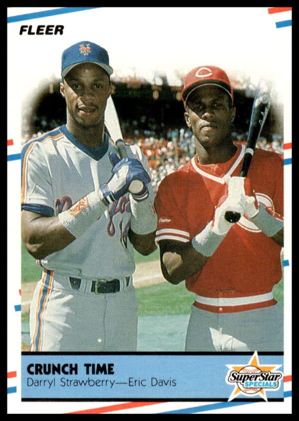 1988 Fleer card #637 of MLB stars Darryl Strawberry and Eric Davis action shot.