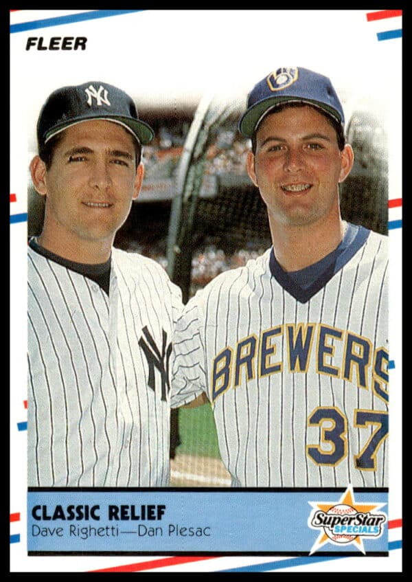 1988 Fleer baseball card with pitchers Dave Righetti (Yankees) and Dan Plesac (Brewers).