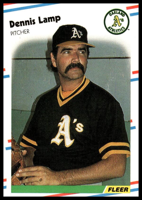 Dennis Lamp 1988 Fleer card, Chicago Cubs uniform, action shot, baseball memorabilia.