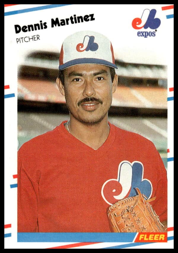 Dennis Martinez in action, 1988 Fleer card #188, Montreal Expos pitcher.