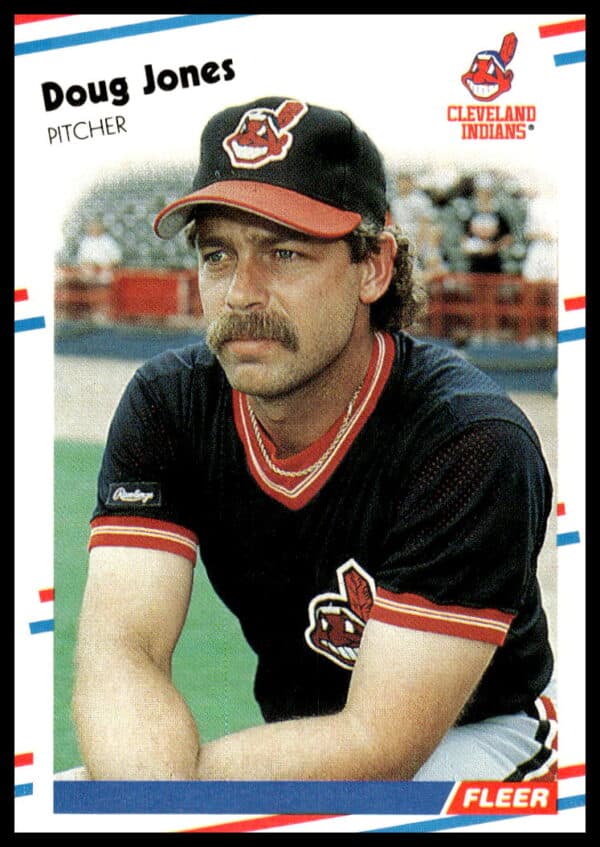 1988 Fleer Doug Jones Baseball Card #613, Cleveland Indians, action mid-pitch.