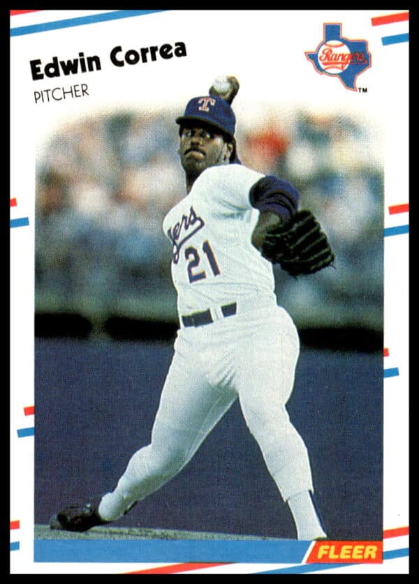 Edwin Correa 1988 Fleer Card #464 Pitching in Texas Rangers Uniform.