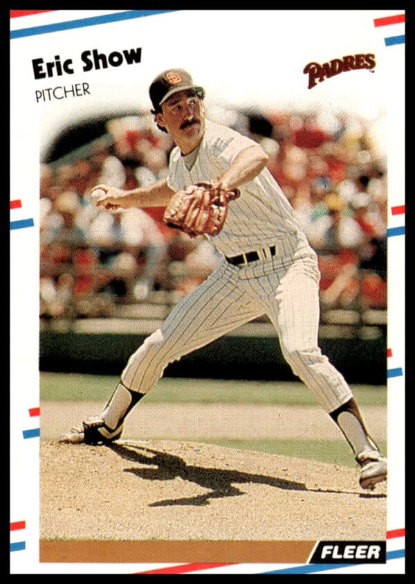 1988 Fleer Eric Show Baseball Card #597, San Diego Padres Pitcher in Action.