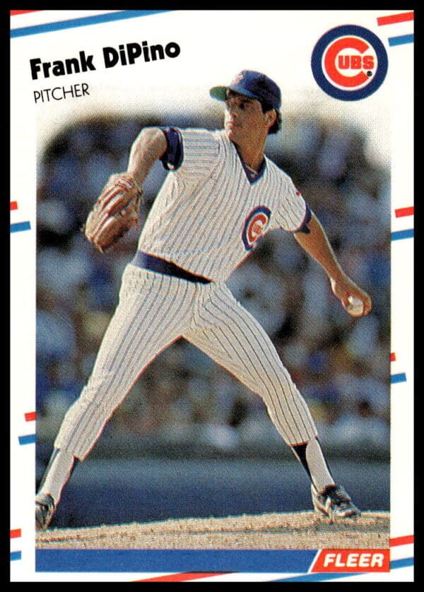 1988 Fleer Baseball Card #418: Frank DiPino in action, featuring career stats and team logos.