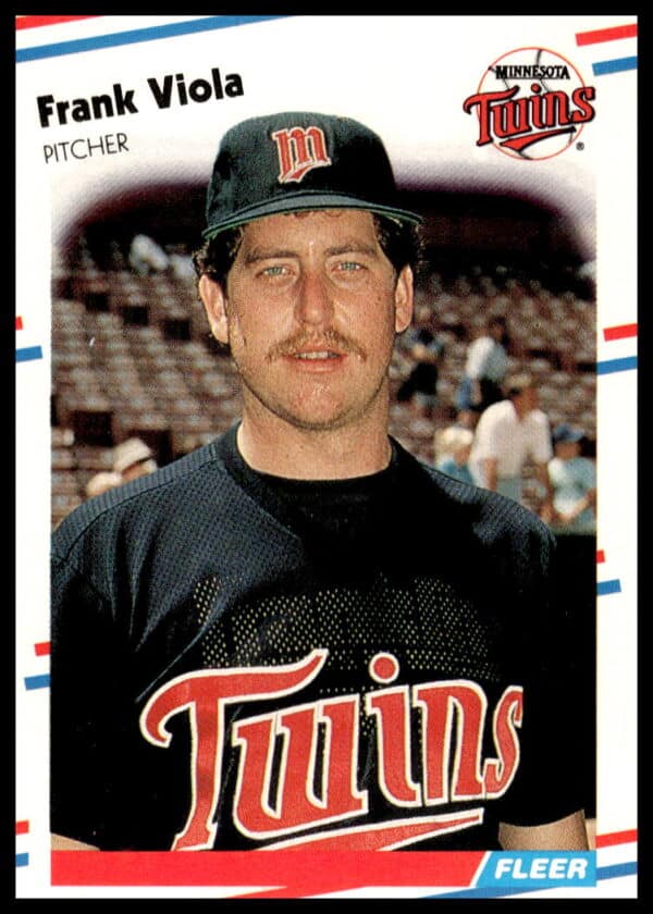 1988 Fleer #25 Frank Viola, Minnesota Twins pitcher, mid-action card front.