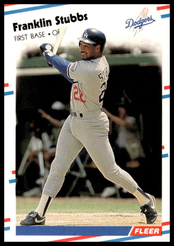 1988 Fleer Franklin Stubbs Dodgers baseball card #527, showing Stubbs holding a bat on the field.