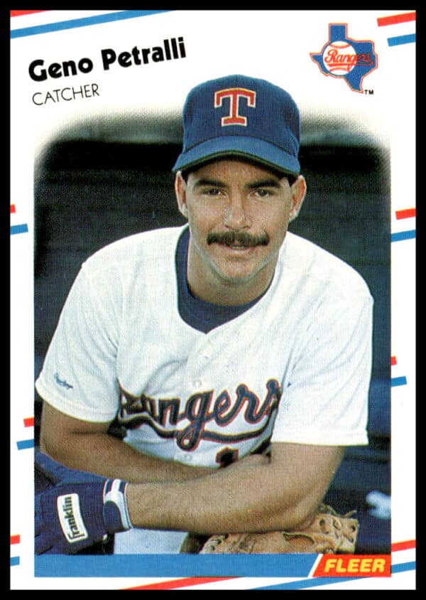 1988 Fleer Geno Petralli #477 card, Texas Rangers, portrait in uniform, stadium background.