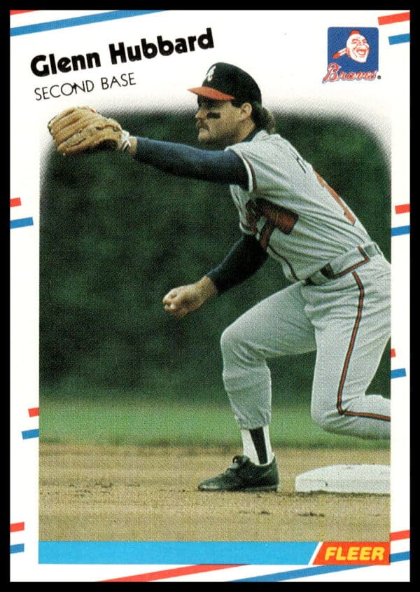 Glenn Hubbard 1988 Fleer baseball card #542 Atlanta Braves, batting pose.