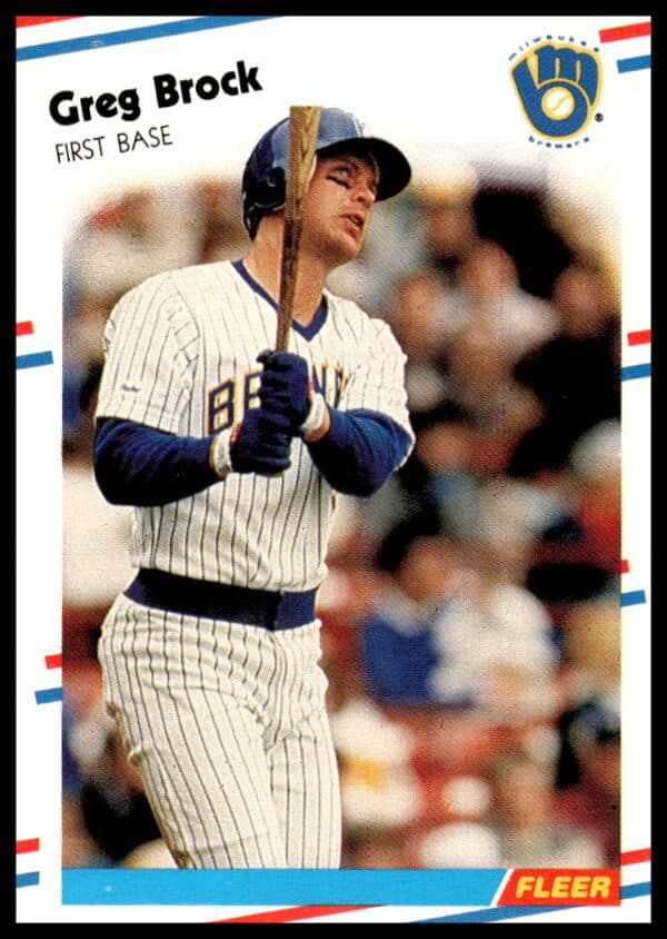 1988 Fleer Greg Brock card #158, Milwaukee Brewers, with portrait and team logo.