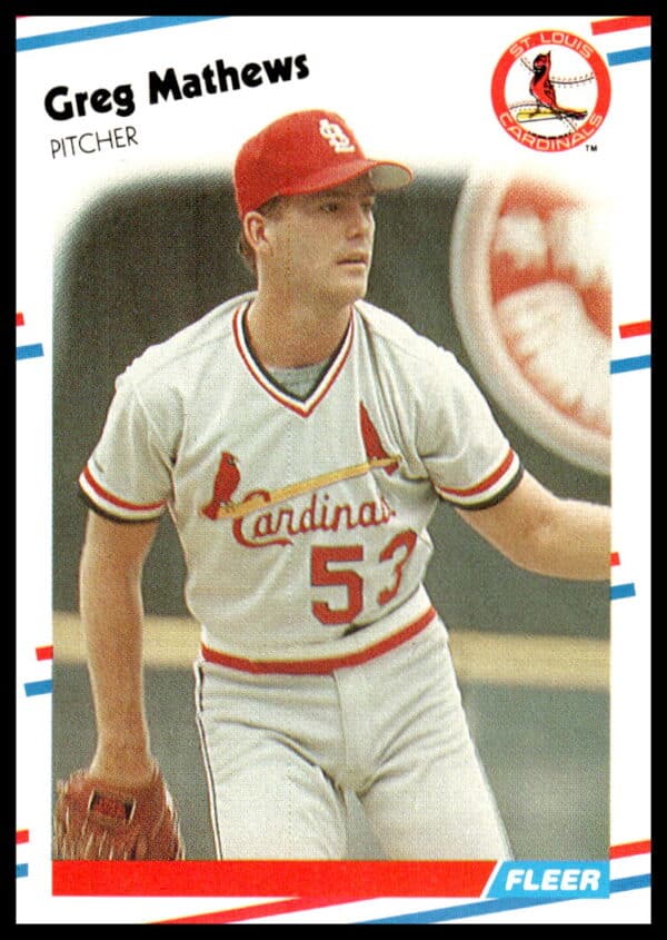 1988 Fleer Greg Mathews #41, St. Louis Cardinals pitcher in uniform, classic card design.