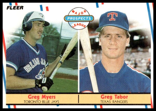 1988 Fleer Baseball Card #644 featuring Greg Myers and Greg Tabor in action.